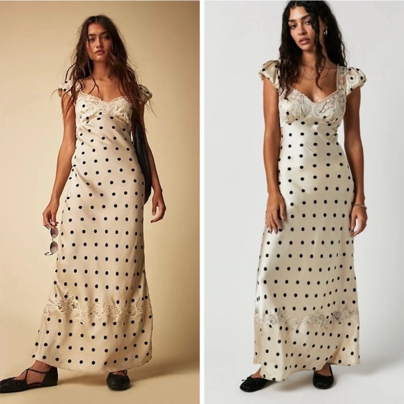 Free People Dresses & Skirts - Free People Butterfly Babe Midi Dress Cream Black Polka Dot Medium Tea Combo